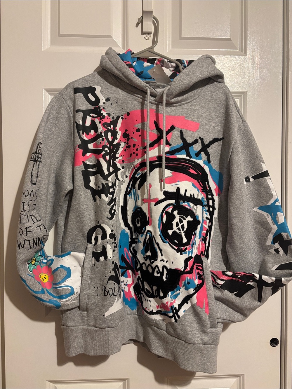 Gray Crewneck Smoke Rise Hoodie Neon Skull Graphic - unisex Streetwear size XL